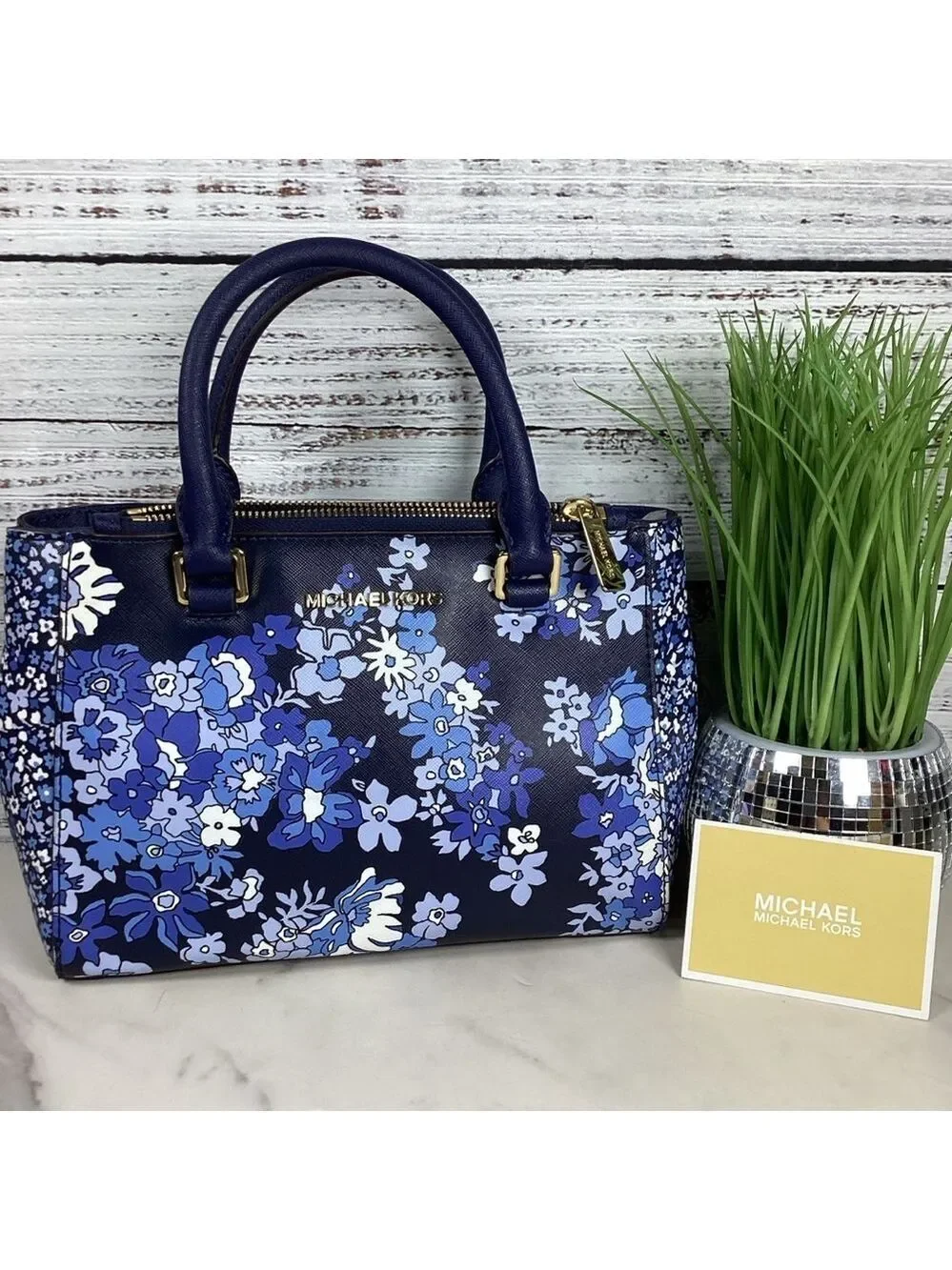 Michael Kors Kellen Blue hand bag Satchel with Floral Design Crossbody Purse guc